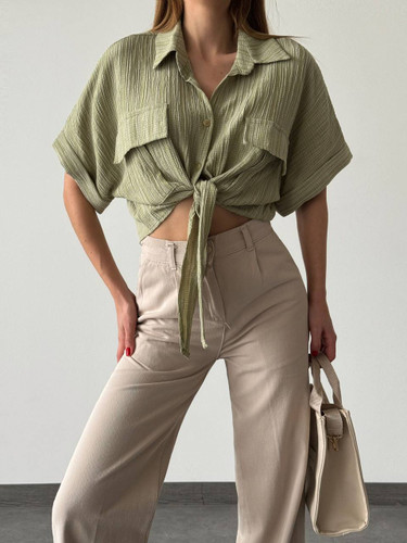 شومیز کراپ زنانه سبز رنگ فری سایز