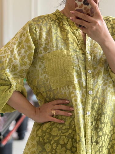 شومیز لینن ایتالیایی پلنگی جیب پولکی اورجینال